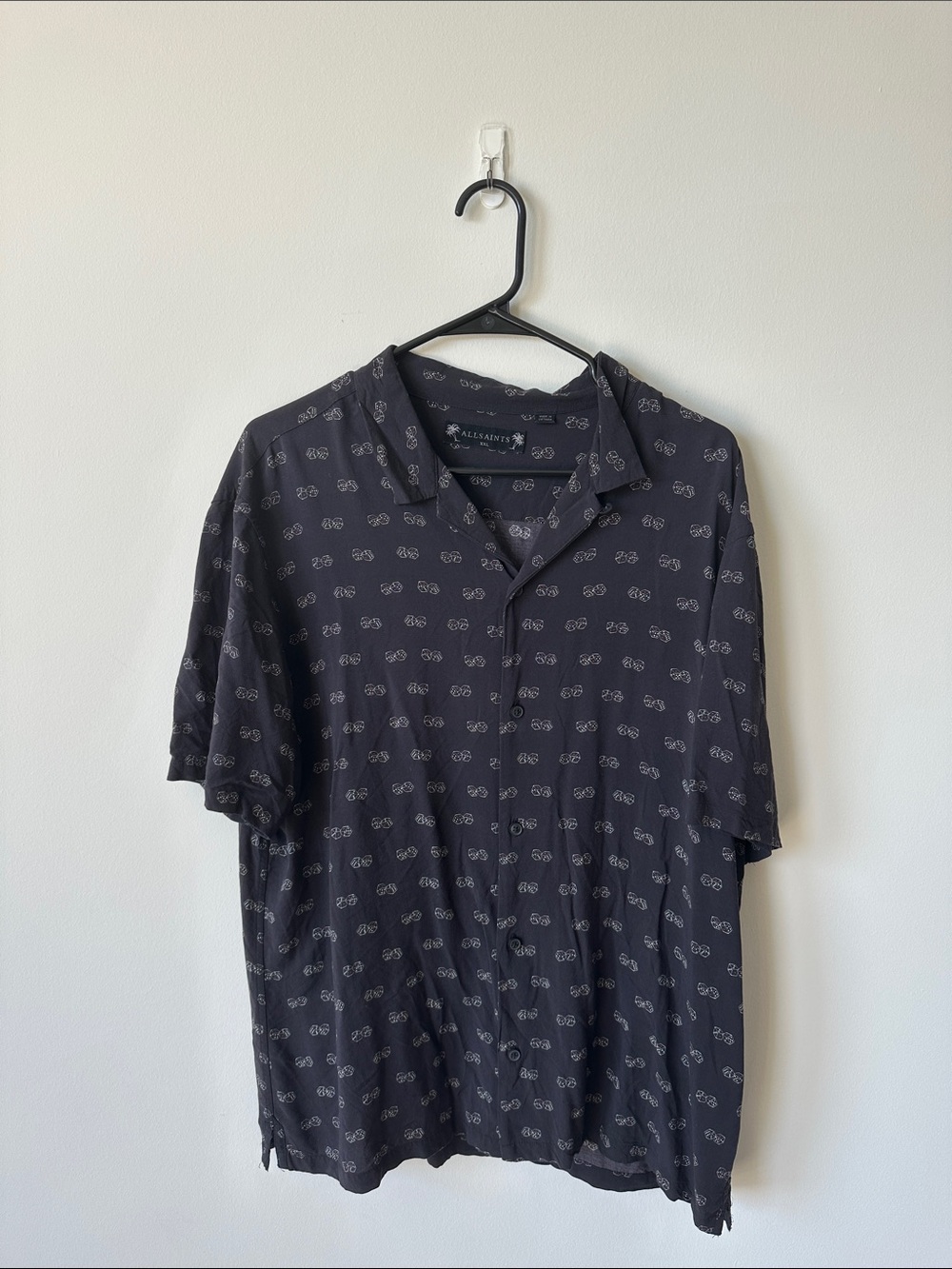 All Saints Black Short-Sleeve Button Shirt with Bicycle Motif